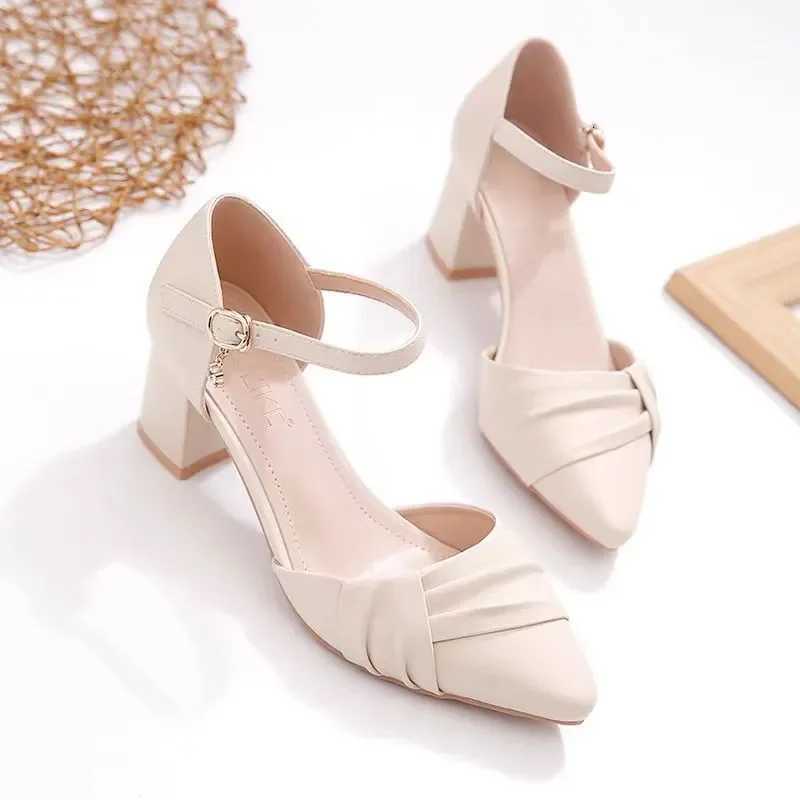 Womens Shoes Lady Cute Pointed Toe Beige Office Career Work Pumps Women Fashion Buckle Strap Spring Summer Heel Shoes GA323 W250814