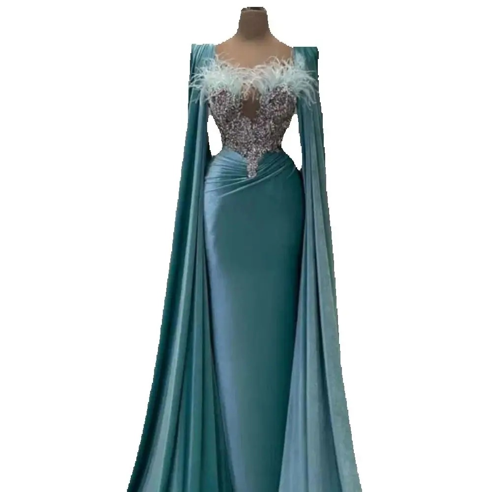 Sexy Applique Crystal Prom Dresses Beading Feather Sequined Evening Gowns Floor Length Velvet Party Dress Customized