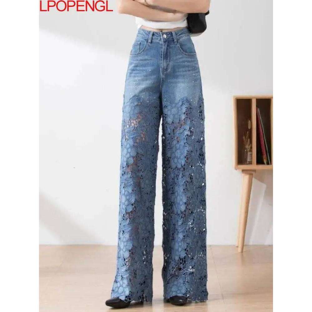 High-waisted Wide-leg Jeans Women's Fall 2023 Fashion Temperament Versatile Wisps Of Hollow Lace Panels Denim Draped Pants