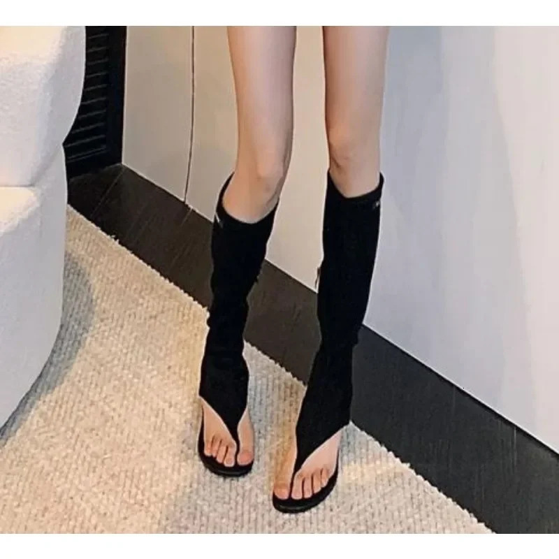 Black Kitten Heel Clip Toe Boots Elastic Soft Microfiber Flip-flops Knee Boots Womens Side Zip Low Heel Thigh High Boots Heels 250812