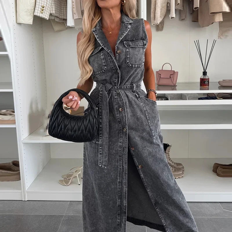 Elegant Laple Collar Lace-up Solid Denim Dress Casual Sleeveless Pocket Slim Long Dress Women Fashion Button Waist Party Dresses 250813