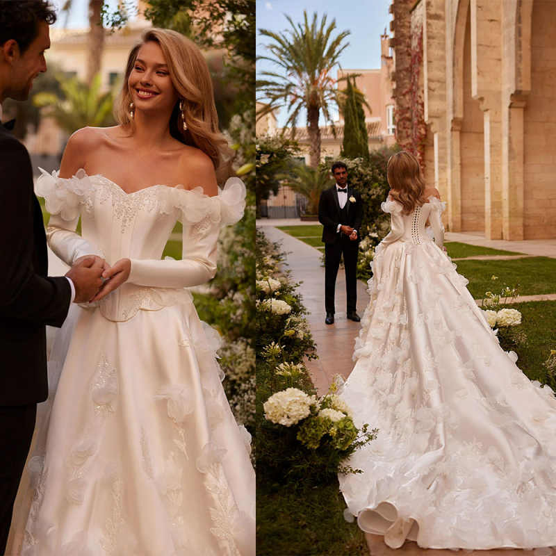 Luxurious Satin Wedding Dress Off Shoulder Long Sleeves Lace Up Beaded 3D-Flowers Ball Gown Bride Gowns Customized