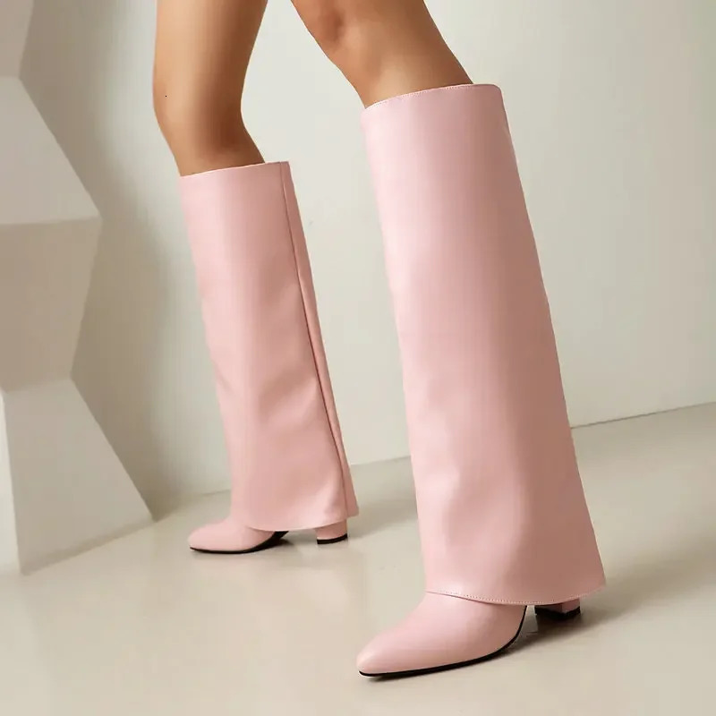2025 Knee High Womens Fold Boots PU Leather Pointed Toe Long Boot Thick Soled High-heeled Shoes 250812