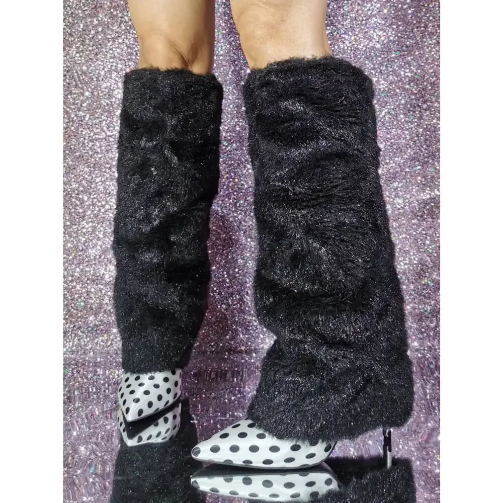 Polka Dot Pointed Toe Shark Boots 2025 Winter Women Black Velvet Warm Knee-High Boots Thin Heel Fashion Catwalk Boots 250812