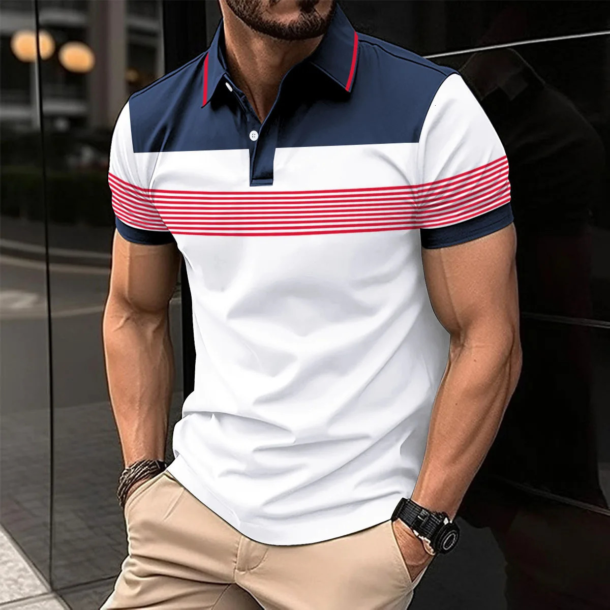 2025 -Selling Mens T-Shirt Short Sleeve Color Contrast Striped Print Button Business fashion Loose Mens Street POLO Shirt 250813