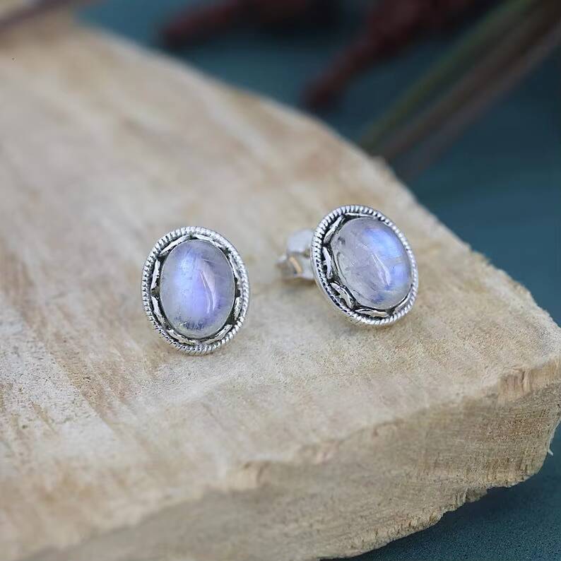 Natural Rainbow Moonstone Oval Loose Bohemian Style Fashion Earrings Pure Sier Fine Jewelry for Women