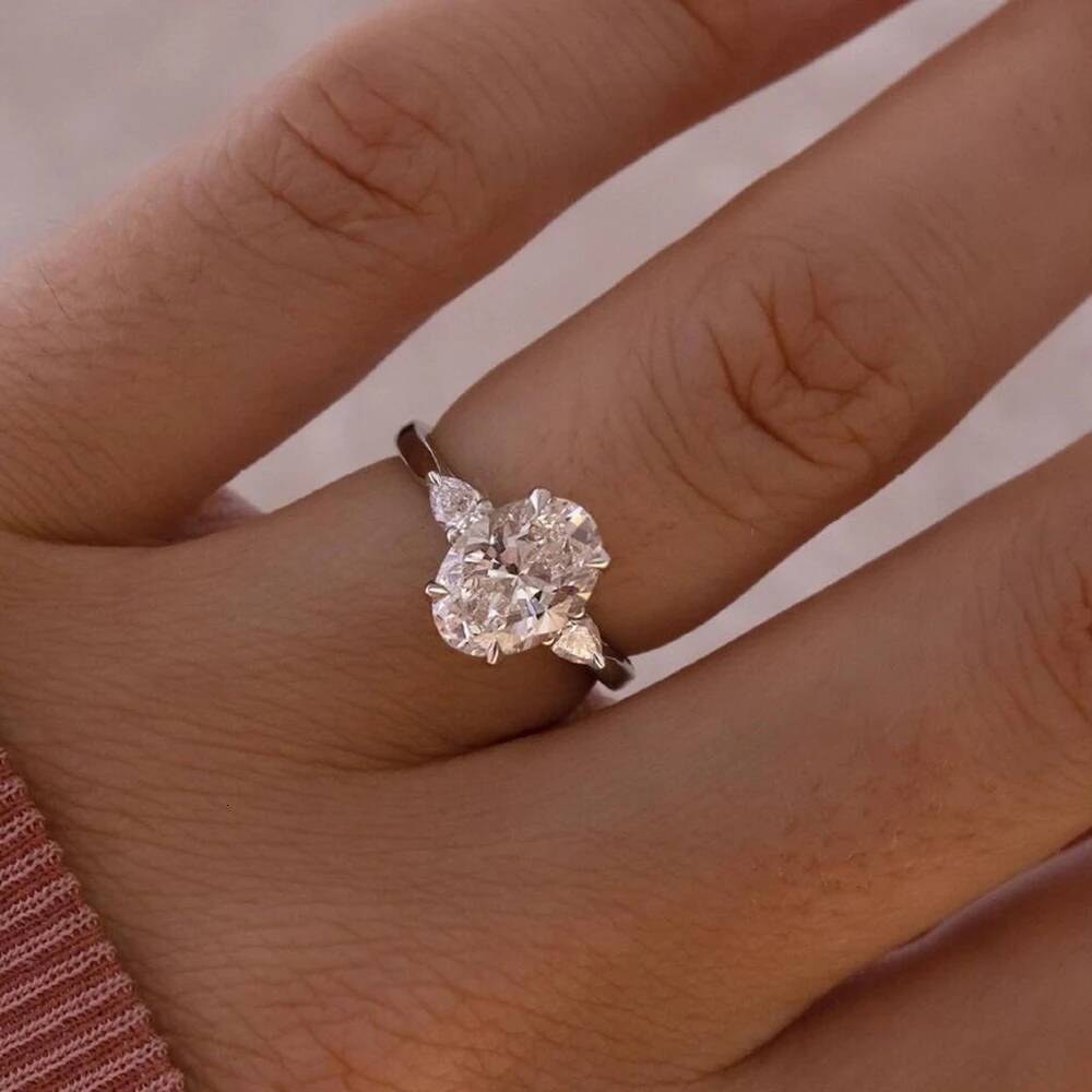 3/8carat Oval Cut Full Moissanite Engagement Ring with Pear Cut Lab Diamond 925 Sterling Silver 3-stone Wedding Rings for Women