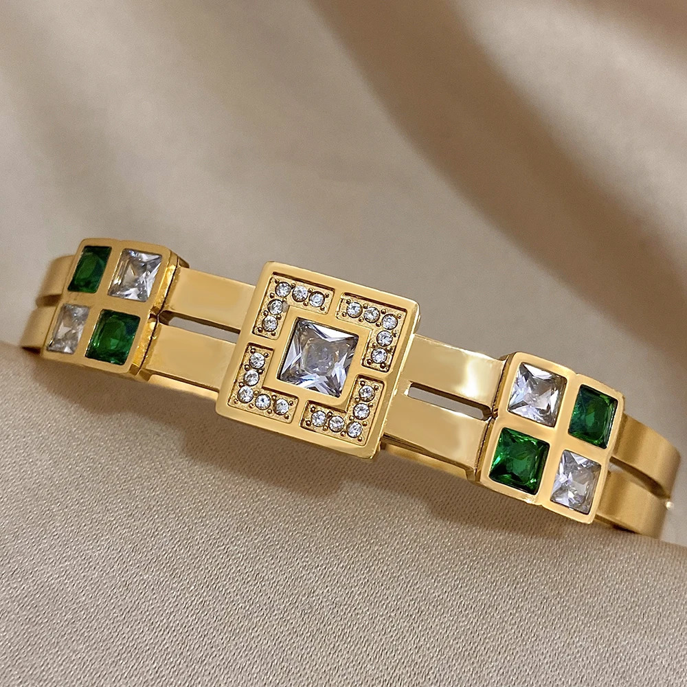 Royal Emerald Green White Zircon Stainless Steel Bangle Cuff Bracelet Italian Charm Large CZ Waterproof Bangles Jewelry 250812
