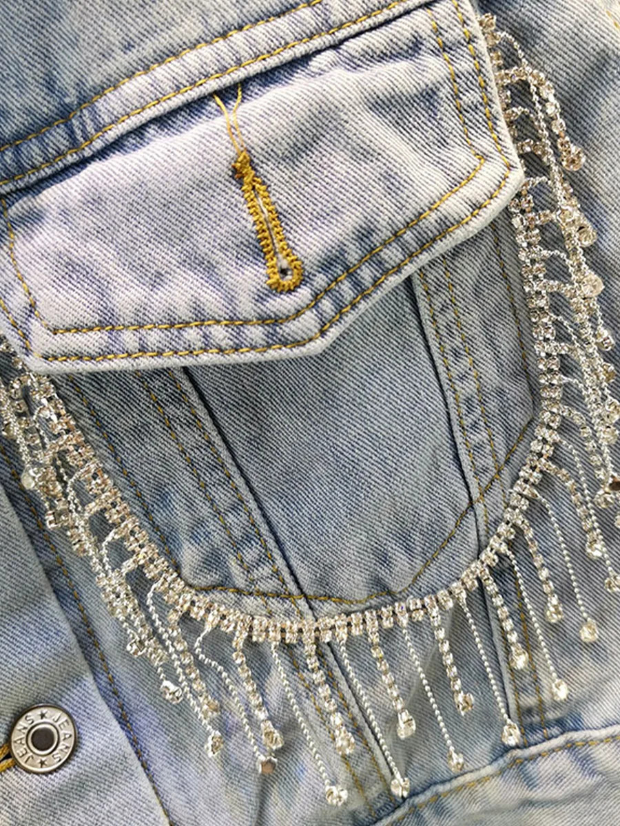 Women Diamonds Beaded Fringed Denim Jacket Autumn Rhinestones Tassels Jeans Coat Loose Crystal Cowboy Cardigan Streetwear Tops 250813