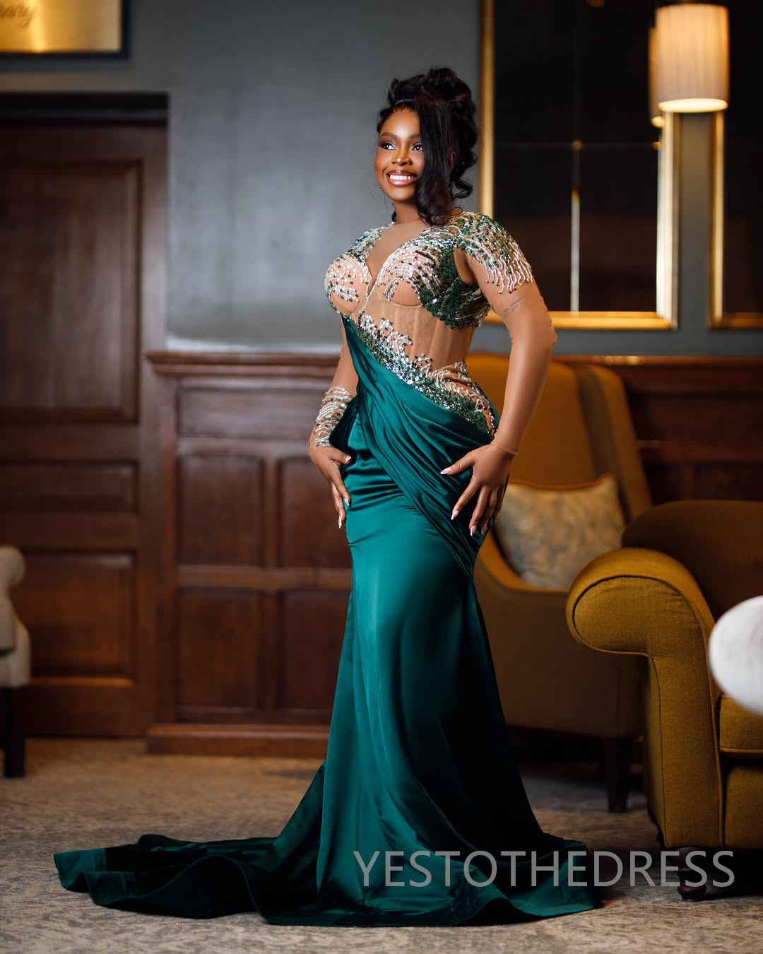 2025 Mermaid Hunter Prom Dresses For Black Women Aso Ebi Illusion Sheer Neck Long Sleeves Appliqued Lace Beaded Birthday Dress Second Reception Gown A