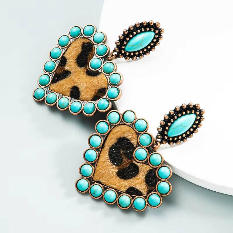 Faux Exaggerated Heart Alloy Set Turquoise Leopard Print Leather Earrings Suitable for Women Uionen 913
