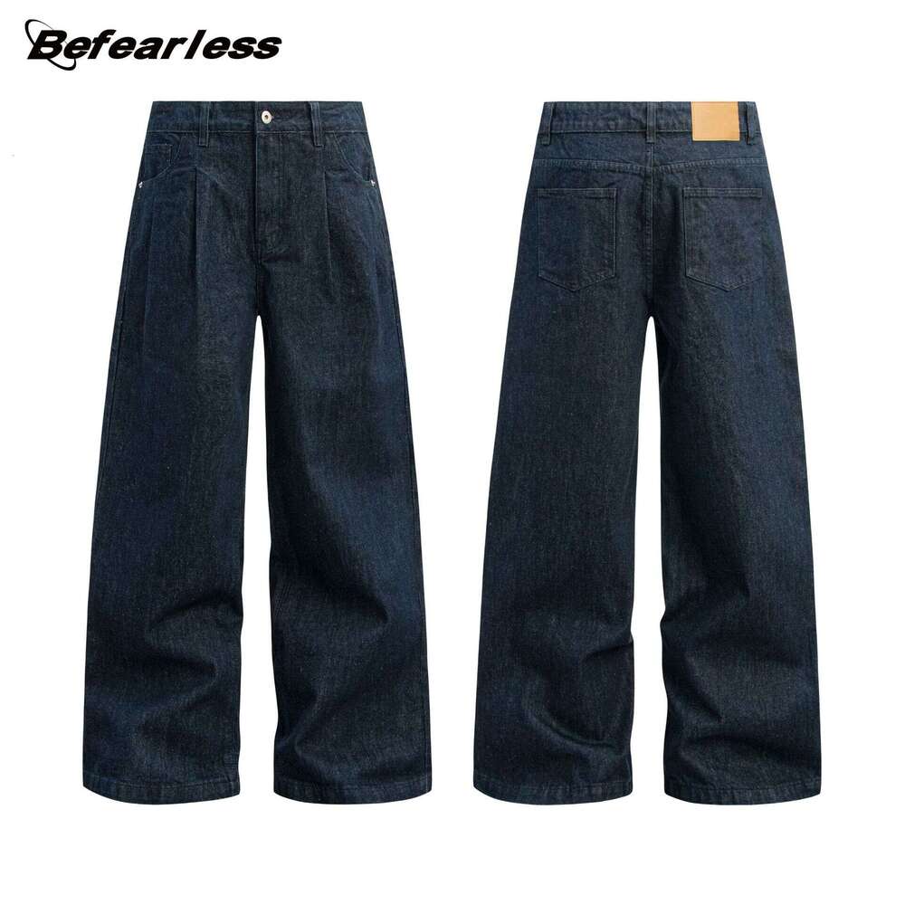American Style Original Color Wide-Leg Jeans Unisex Trendy Loose Floor-Length Silhouette Couple Straight Casual Long Pants B5