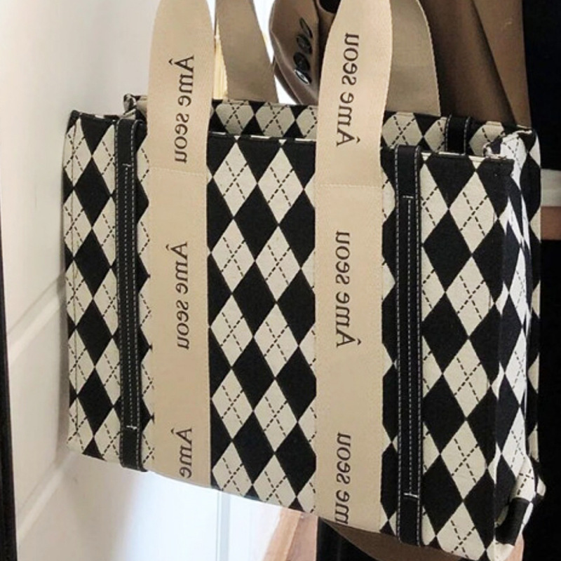 Autumn Winter Houndstooth Diamond Shoulder Design Canvas Commuter Tote Bag for Women