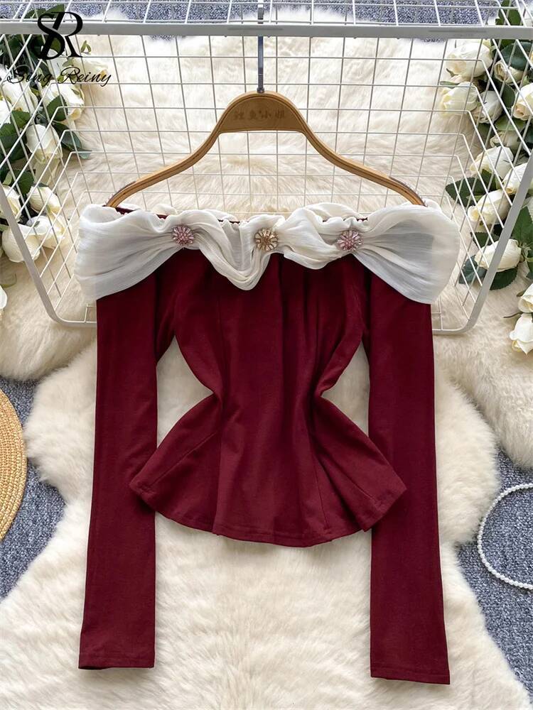 2025 off shoulder hot and spicy top women's diamond slant neck YK short T-shirt lightweight luxury new fashion autumn slim fit women's shirt