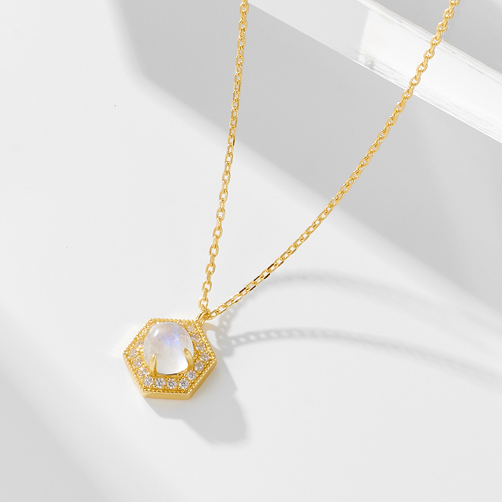 Ins Style Simple Geometric Hexagon Natural Moonstone Pendant Necklace for Women High-end Clavicle Chain