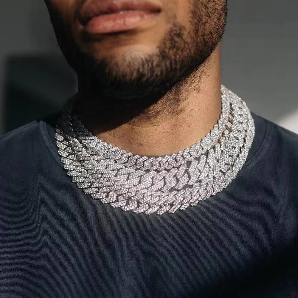 Iced Out Vvs Moissanite 2 Rows Miami Gold Cuban Chain Necklace 925 Sterling Silver Diamond Moissanite Cuban Link Chain