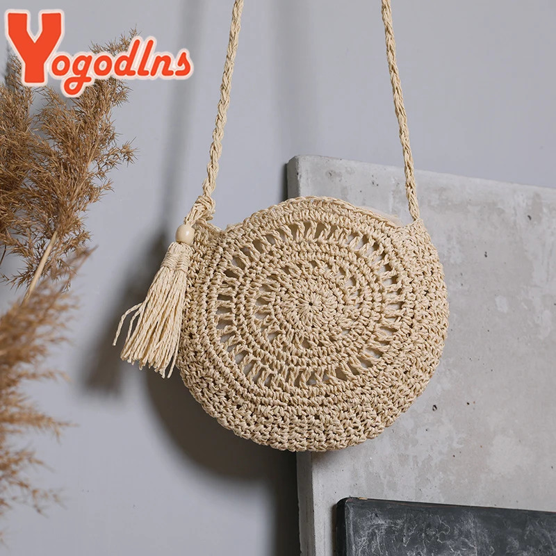Yogodlns Round Soft Paper Rope Shoulder Bag Tassel Summer Beach Handmade Crossbody Bags Women Hollow Straw Bag Circle Rattan Bag250813