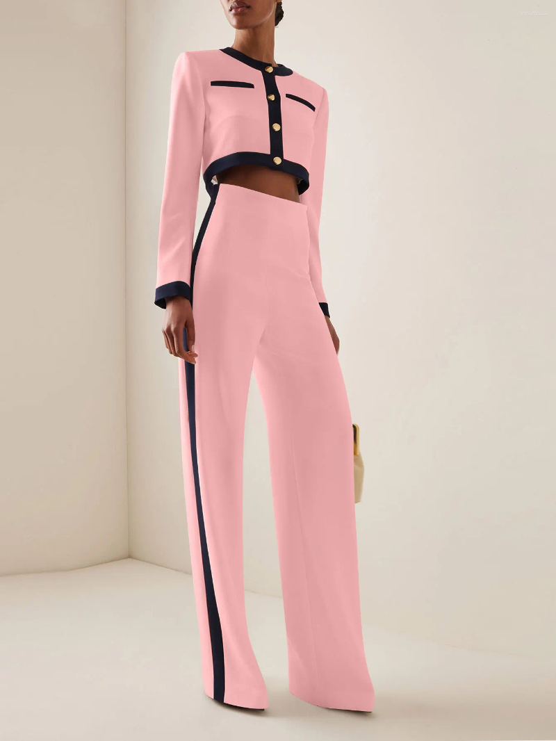 Women's Two Piece Pants Fashion Set Women Round Neck Long Sleeve Patchwork Singe Breasted Button Top Loose Wide Legs Casual Sets Autumn