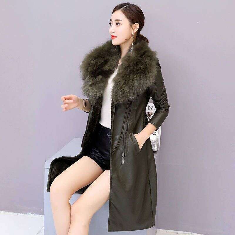 Big Fur Collar PU leather Jacket Autumn Winter Velvet Thicken Soft Faux PU leather Coat Women Korean Long Overcoat