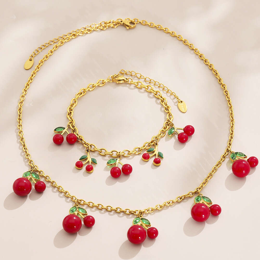 Xinyixin New Cherry Pendant Necklace Bracelet Set Stainless Steel Gold Plated Versatile Jewelry