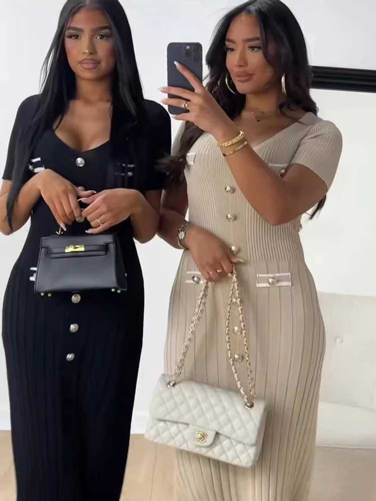 Office Lady Knitted Long Dress Summer Short Sleeve V Neck Single Breasted Bodycon Dresses Women Party Fashion Dresses XJ250814