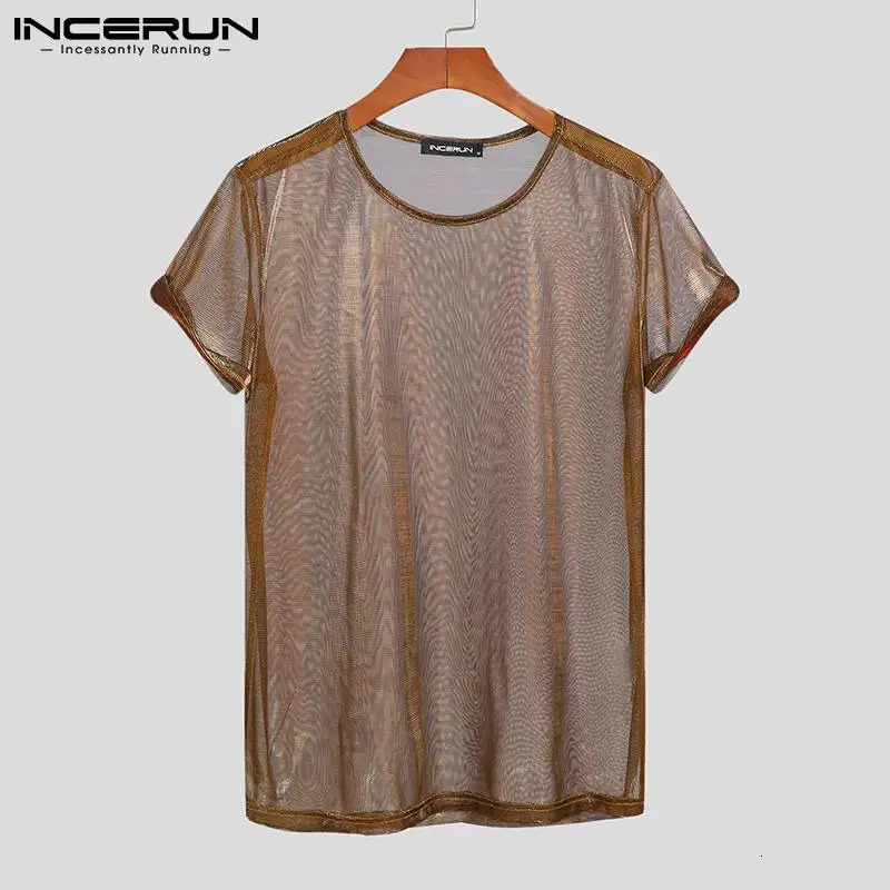 INCERUN Men T Shirt Mesh See Through Shiny O Neck Short Sleeve Sexy Tee Tops Streetwear Solid Party Nightclub Men Clothing 250813