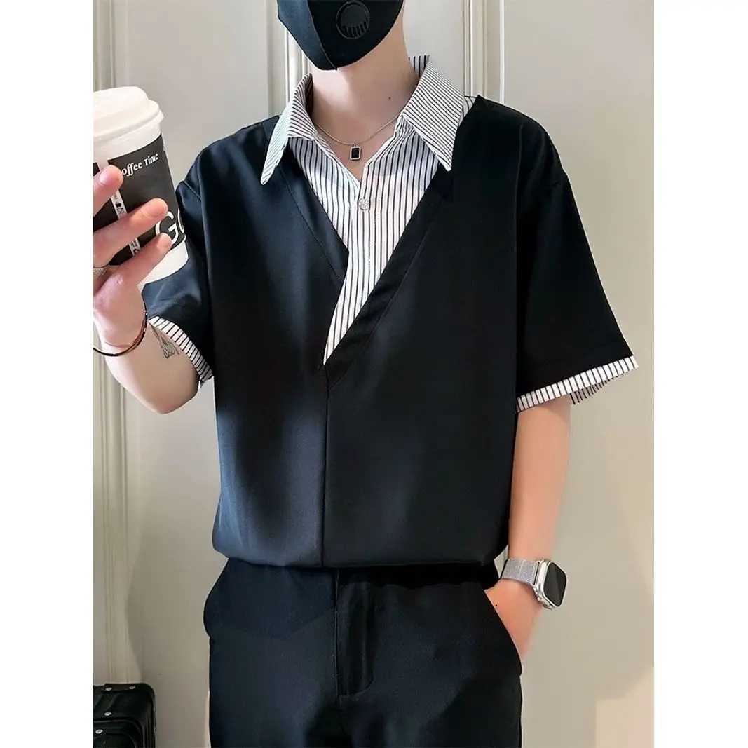 Fashion Patchwork Striped Short Sleeve Shirt Men Summer Trendy Casual XJ250804