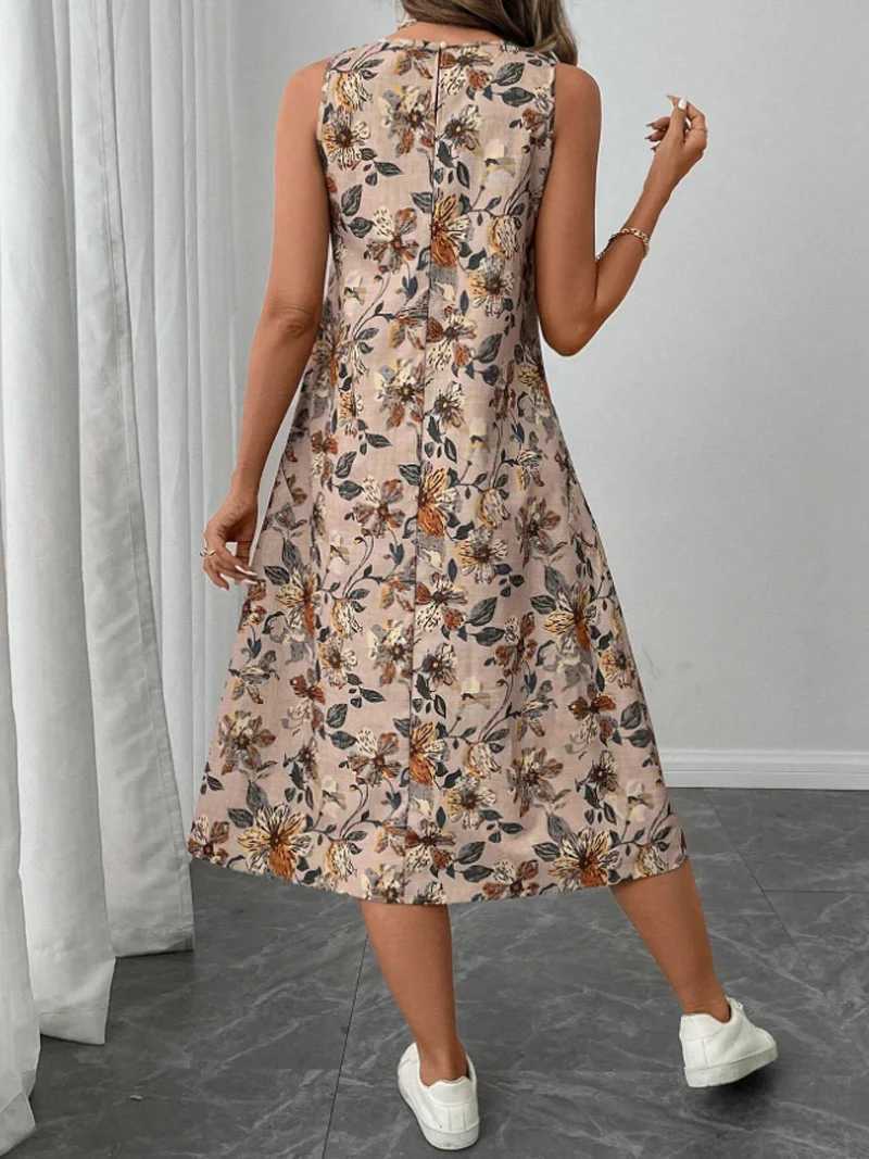 2025 Summer Womens Fashion New Floral Print Pocket A-line Dresses Casual O-neck Sleeveless Party Midi Dress Women Beach DressXJ250814