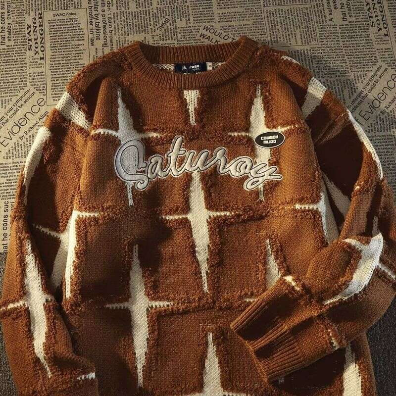 Men's Retro Star Knit Sweater - Oversized Couple-Style Pullover For Spring & Autumn, Lazy Chic Loose Fit Top