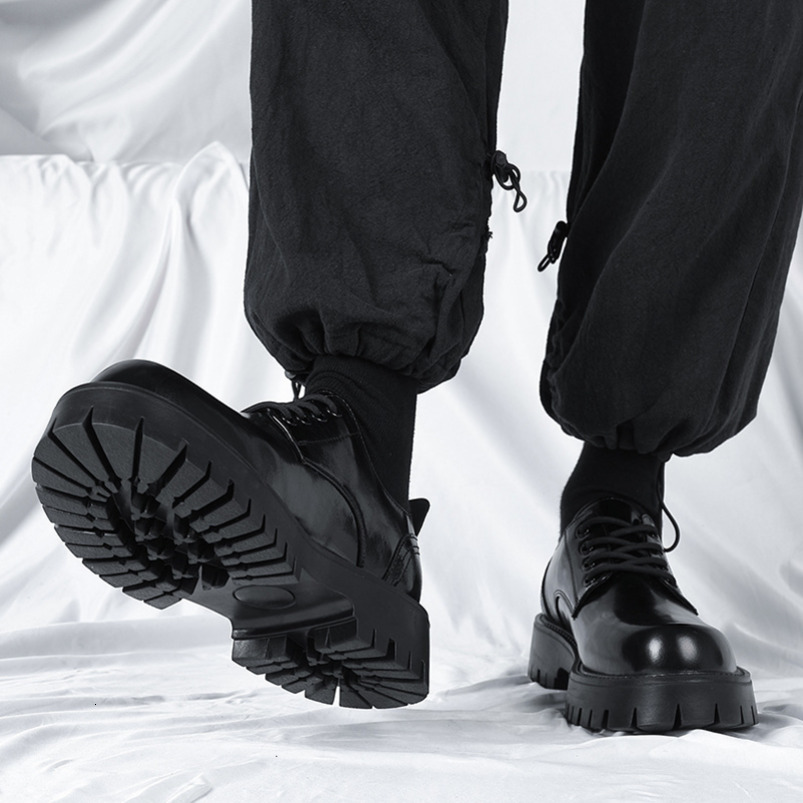 Buckle Heel Casual Style Round Toe Black Low Tube Leather Shoes Men's Business Thick Sole Height Increasing Fleece Lined