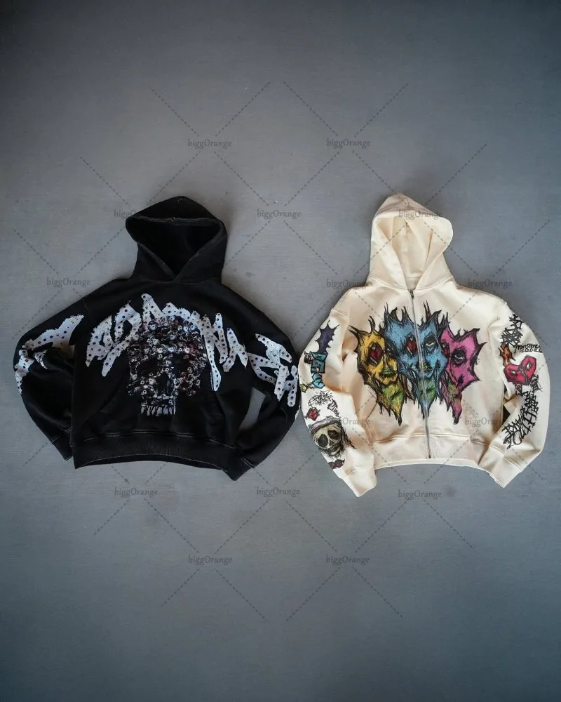 European and American Fashion Retro Street Clothing Personality Skull Animation Printed Hoodie Loose Oversized Zipper Sweatshirt 250813