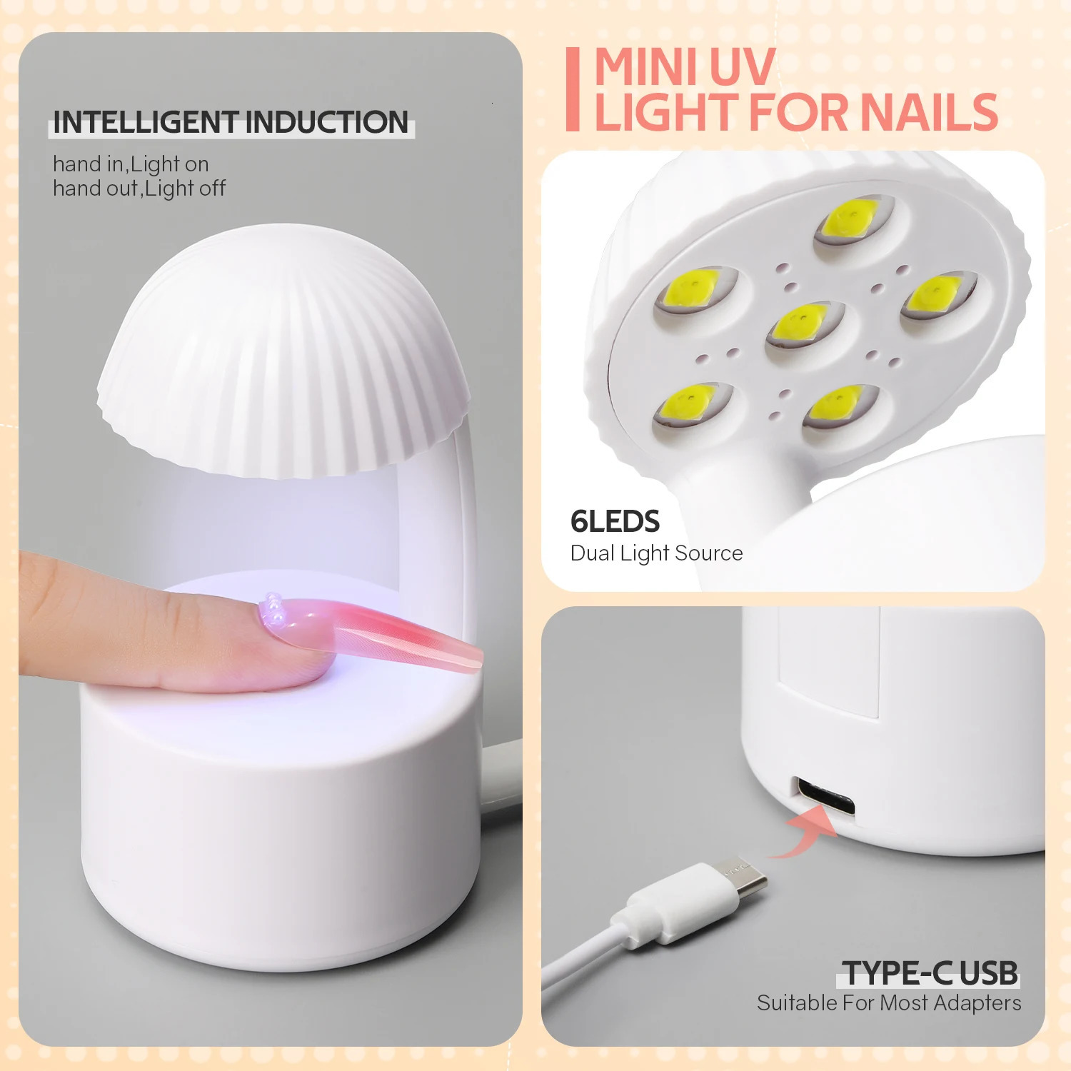 Mini UV LED Nail Lamp 6 LEDs Nail Dryer Type-C Charging Portable Manicure Lamp with Smart Induction Nail Art Tools 250807