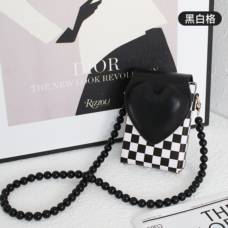 Korean Style Textured Single Shoulder Crossbody Black Peach Heart Phone Simple Versatile Beaded Small Square Bag for Women
