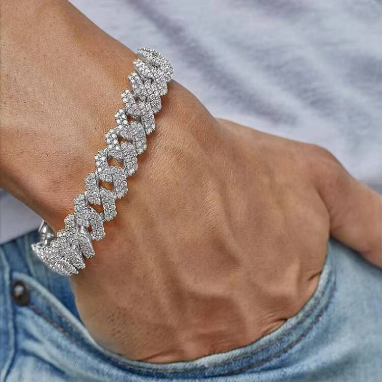 Hiphop Jewelry 8mm10mm 12mm Cuban Bracelet 925 Silver White Gold Plated Cuban 2rows Moissanite Bracelet