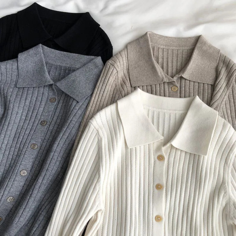 High Quality Knit Cardigan Tops Women Fashion Polo Collar Buttons Up Sweaters Fall Winter Solid Casual Long Sleeve Knitwear 250808
