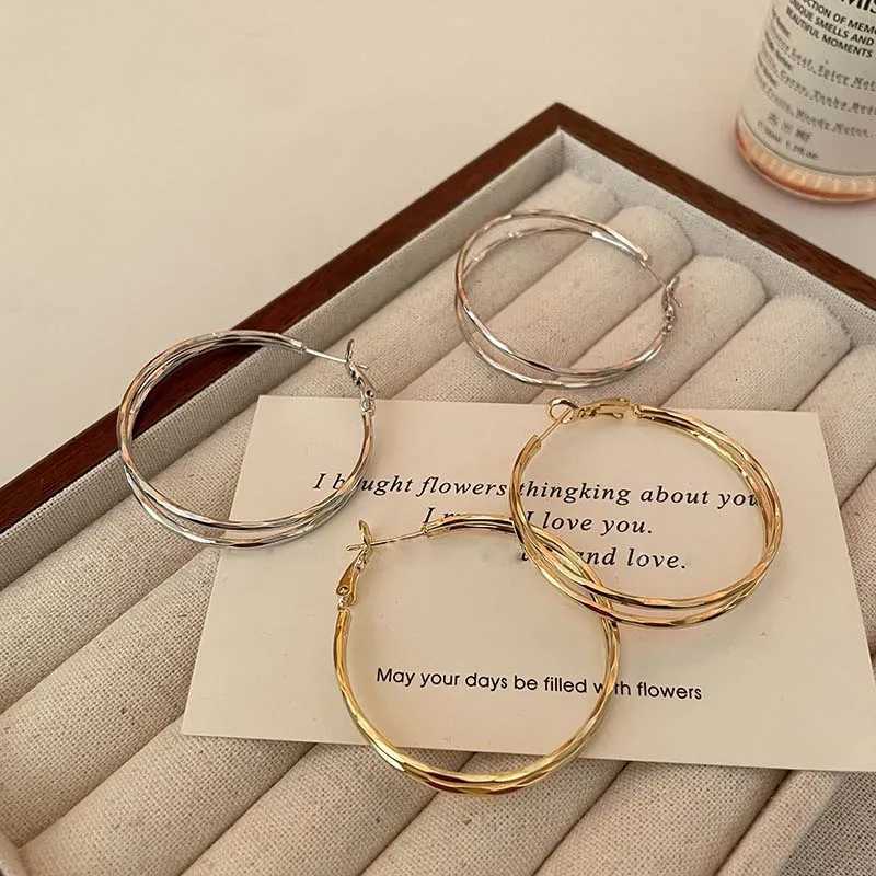 2025 New Trend Silver Color Double Layer Circle Hoop Earrings For Women Exaggerated Metal Layer Round Earrings Jewelry Gift XJ250814