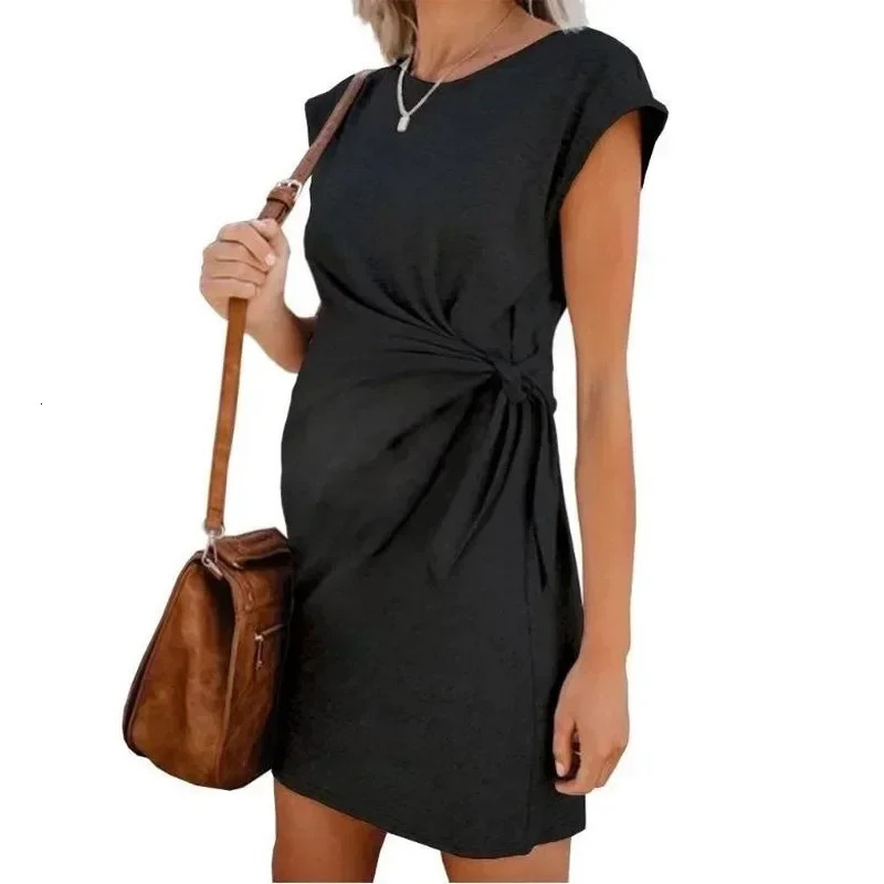 Premama Breastfeeding Fashion Short Sleeve Solid Color Dress for Pregnant Women Maternity Casual Dresses Bow Trim Summer 250813