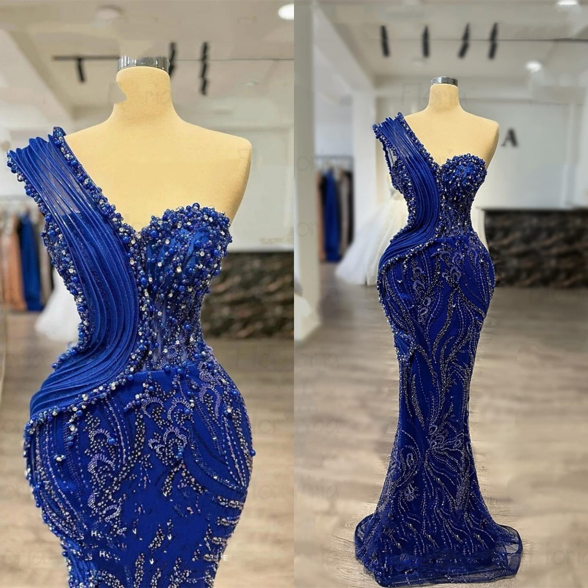 Royal Blue Prom Dress One Shoulder Beaded Reception Party Gowns Saudi Arabi Shiny Celebrity Evening Dresses Customized