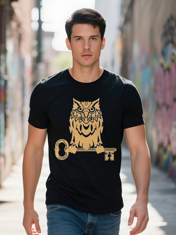 Men s Crew Neck T Shirt with Stylish Key Graphic Short Sleeve Black Blend Essential Summer Casual Wear Owl