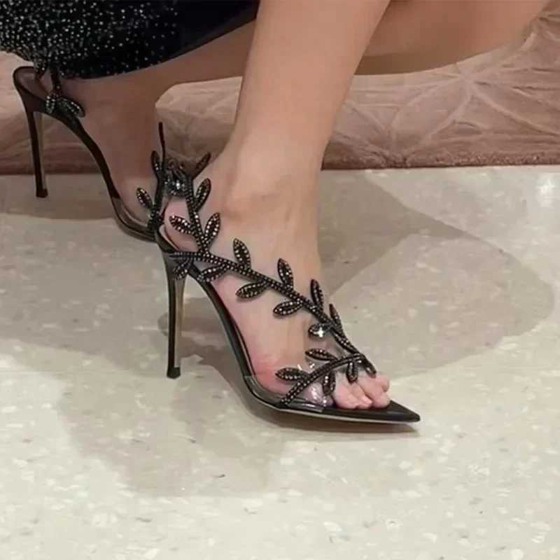 Designer Rhinestone Leaf Decoration Stiletto Sandals Women Sexy Pointed Toe Transparent PVC Strap High Heels Summer Party Shoes W250814