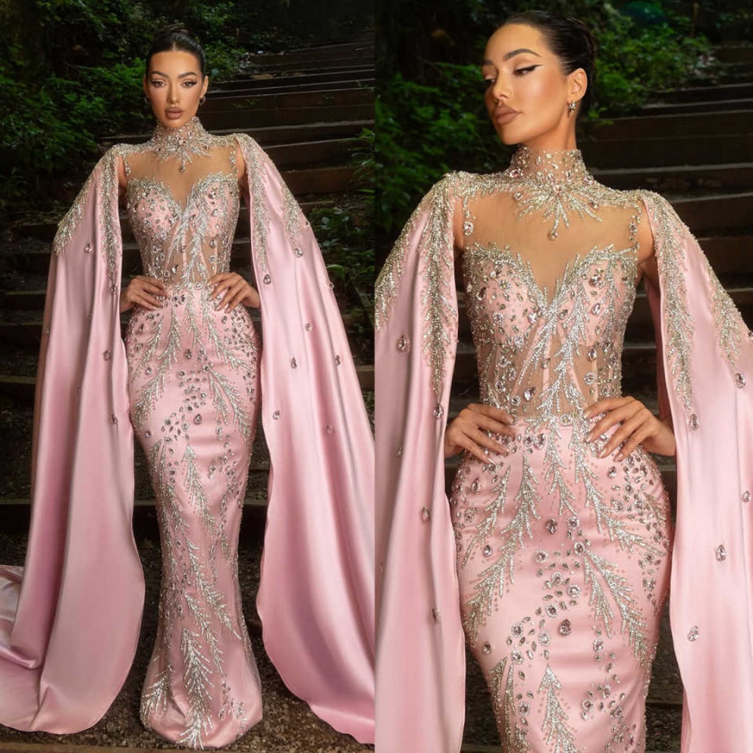 Sparkly High Neck Mermaid Evening Dresses Cap Sleeve Crystal Beading Prom Gowns Floor Length Customized Formal Dresses