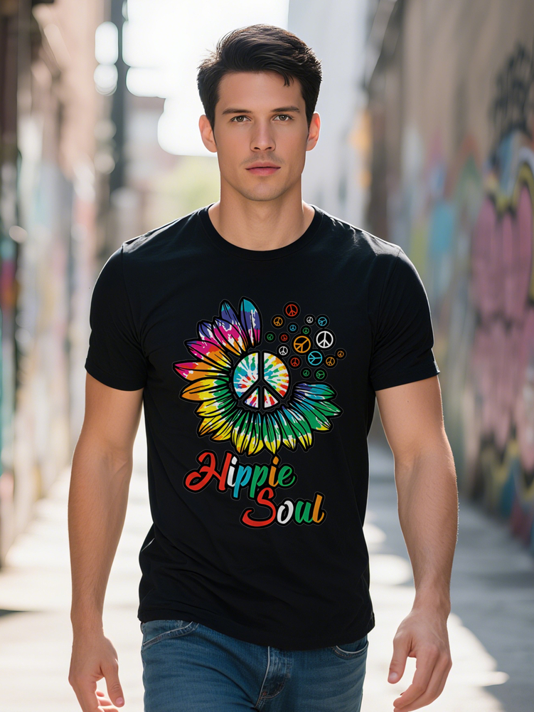 Men s Casual Graphic T-Shirt Hippie Soul Design with Colorful Peace Symbols Sweatshirt Motif Black Round Neck Summer