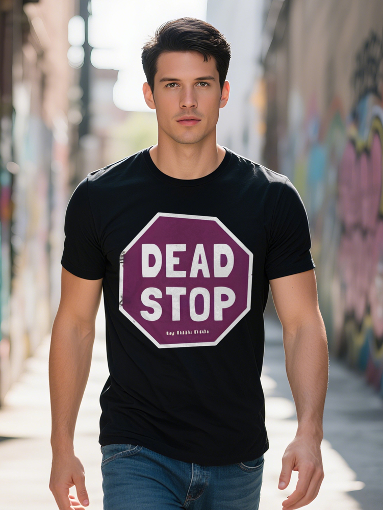 Men S Casual Crew Neck T-Shirt with DEAD STOP Graphic Purple Octagonal Design Lightweight Stretchy Perfect for