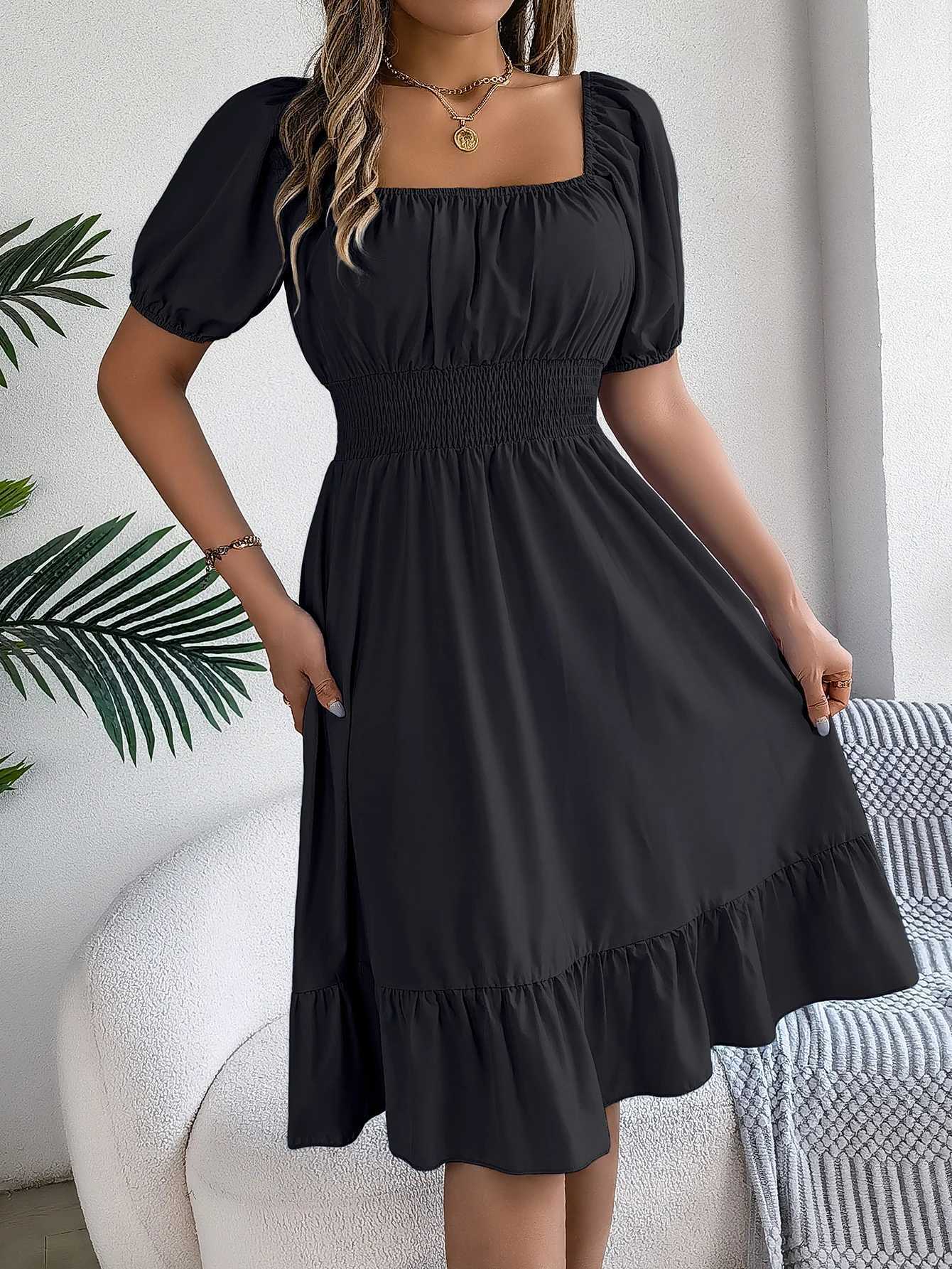 Spring and Summer Ele High Waisted Dress Square Neck Short Sleeve Ruffled Edge Long Dresses for Women XJ250814