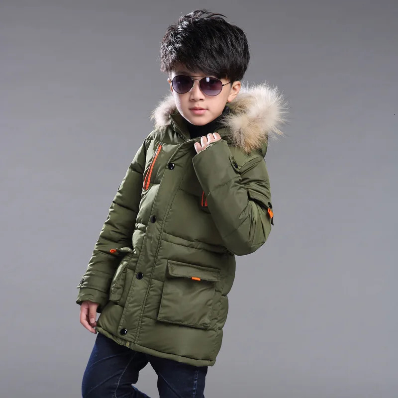 Childrens down jacket winter boys and girls Plush warm medium length jacket hooded large wool collar cotton padded jacket 250813