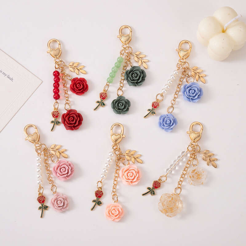 Ins Rose Flower Resin Camellia Alloy Door Buckle Keychain Accessories USB Flash Drive Pendant Car Hanging Decoration