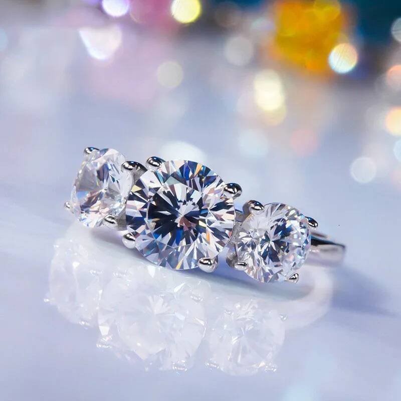 OXTAO Real 925 Silver Engagement Rings Ladies D Color Round Cut 3 Stone Wedding Engagement Promise Ring GRA Certified Jewelry
