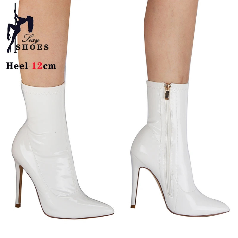 10cm 12CM Sexy Women Ankle Boots Zipper Thin Heels Short Boot Glossy Patent Leather High Heels Office Shoes Woman Bota Feminina 250812