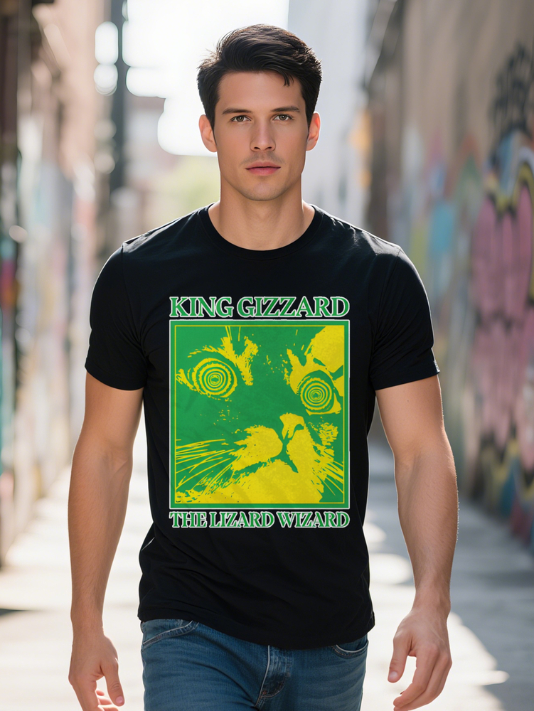 King Gizzard Men's Graphic T-Shirt Black Cat Face with Spiral Eyes Green Background Print Casual Round Neck Summer