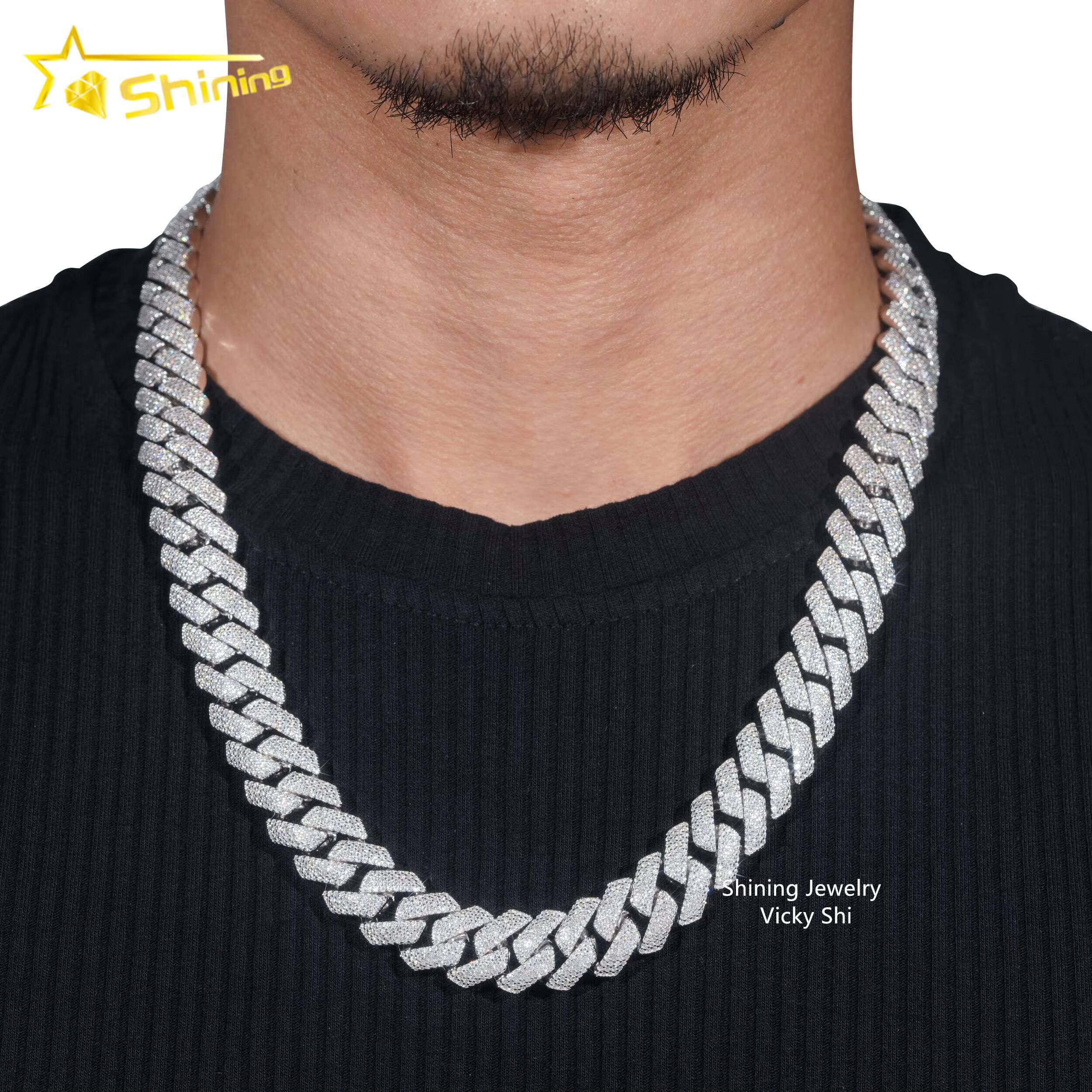 Iced Out Rapper Hip Hop Jewelry High Quality Sterling Silver 925 15MM 4 Rows Moissanite Cuban Link Chain Ready to Ship